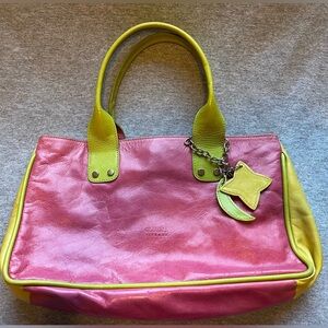 Claudia Firenze Purse  Pink Lime Green Leather Handbag Tote Italy